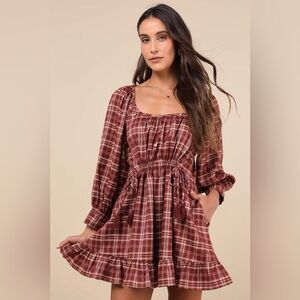 NWT Lulu’s Autumn Perfection Red Plaid Mini Dress With Pockets Small